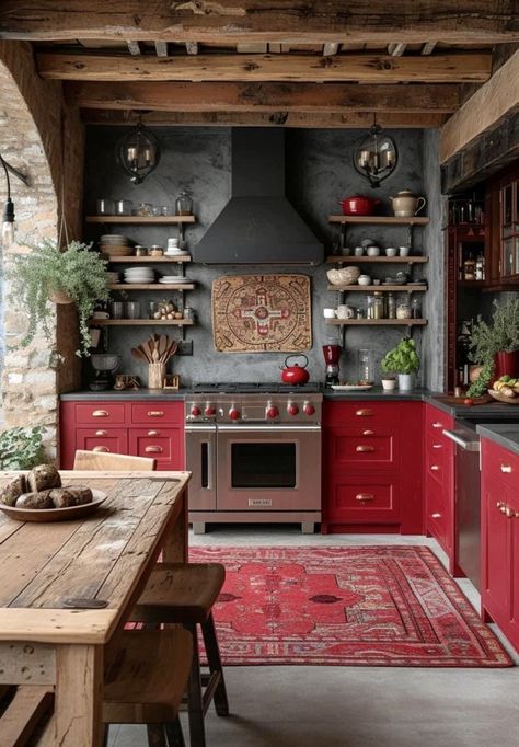 Red Kitchen Cabinets, Red Apartment, Rustic Country Kitchens, Bohemian Kitchen, Beautiful Kitchen Designs, Living Kitchen, Island Kitchen, Red Kitchen, Chic Living