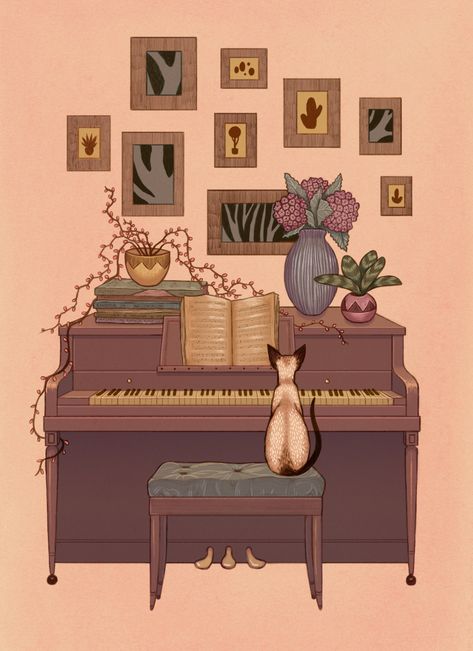 Upright Piano | Erica Leveque Piano Illustration Drawings, Piano Illustration, Bedroom Music Studio, Piano Tattoo, Piano Pictures, Music Bedroom, Piano Art, Piano Room, Gamer Room