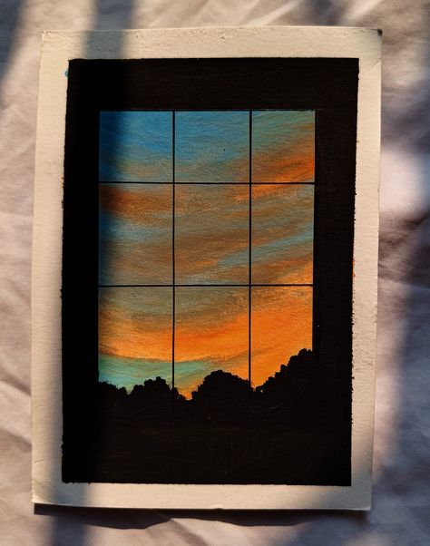 Sunset, painting , Art Window View Acrylic Painting, Acrylic Painting Without White Colour, Window View Painting Easy, Large Canvas Painting Ideas Easy, Paintings Large Canvas, View From Window, Diwali Pictures, Art Journal Prompts, Large Canvas Painting