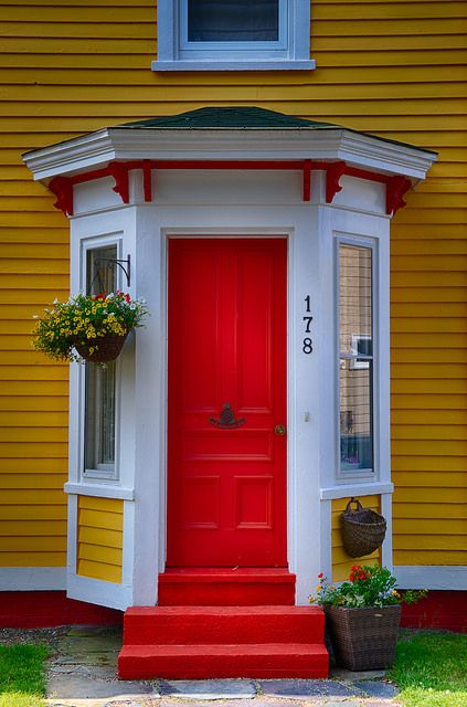 Lunenburg Nova Scotia, Colorful Doors, Red Doors, Sammy Hagar, Red Front Door, When One Door Closes, Entry Ways, Door Detail, Yellow House