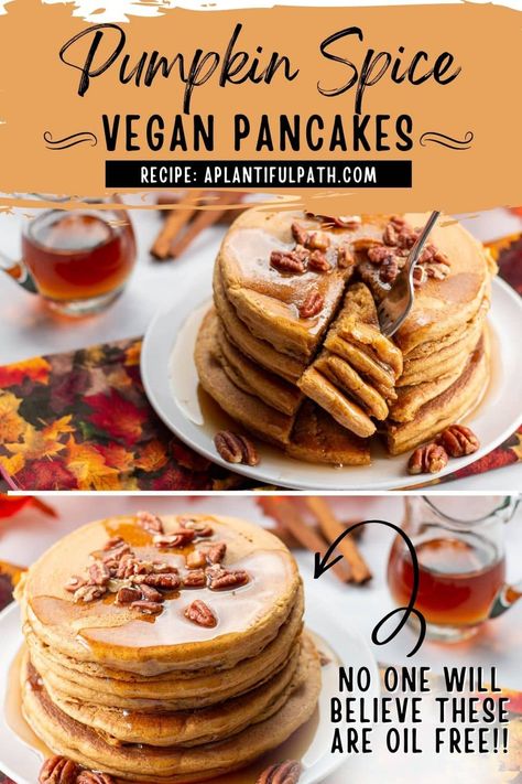 These Vegan Pumpkin Pancakes make a perfect fall breakfast. Enjoy the pleasant scent of pumpkin spice filling your home as you cook these fluffy pancakes! They're oil free, refined sugar free, and made with whole grain flour. Pumpkin Pancakes No Flour, Gf Pumpkin Pancakes Recipe, Pumpkin Pancakes Vegan, Pumpkin Spice Pancakes Healthy, Vegan Pumpkin Spice Pancakes, Plant Based Pancakes, Vegan Pumpkin Pancakes, Pumpkin Spice Pancakes, Dairy Free Pancakes