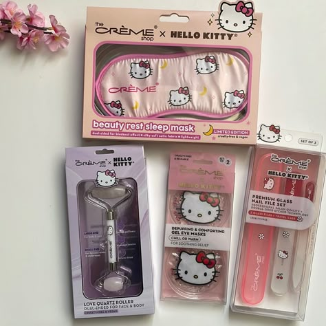 Sanrio Hello Kitty X The Creme Shop Limited Edition Collaboration Beauty Bundle This Super Cute Set Includes The Creme Shop X Hello Kitty Limited Edition Skincare/ Bath & Body Items: - Beauty Rest Sleep Mask - Love Quartz Roller (Dual-Ended For Face And Body) - Depuffing & Comforting Gel Eye Masks (For Soothing Relief) - Premium Glass Nail File Set (Includes 2 Glass Files Plus A Travel Case) All Brand New In Original Packaging. Perfect As A Gift Item Or As A Treat For Yourself All Of My Items Ar Creme X Hello Kitty, Hello Kitty Skincare, Love Quartz, Quartz Roller, The Creme Shop, Creme Shop, Hello Kitty Videos, Hello Kitty Makeup, Hello Kitty Jewelry