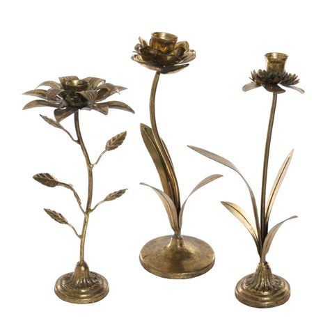 Features: Measures: Small 4" L 4" W x x 10.5" H Medium: 7" L 4.5" W x x 13" H Large: 6.5" L 6" W x x 12" H Sold Individually or as a Set of 3! Fits Up To A 1" Taper Candle  Material: Bronze Metal Semi-Adjustable Stems and Leaves  Candle Not Included Imported Pair With a Set of Our Taper Candles; Sold Separately: Flameless: HMD1388 Hand-Dipped Wax: HMD1365 This Adjustable Bronze Metal Flower Taper Candleholder Tabletop Décor adds a perfect accent to any home décor. Its striking design and classic Gold Candles Holder, Witchy House, Bath Makeover, Leaves Candle, Pinterest Room Decor, Girl’s Room, Rose Candle, Tabletop Accessories, Mini Vase