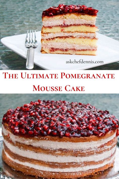 Named as one of Huffington Posts Best Desserts of all time, my Pomegranate Mousse Cake with pomegranate mousse between each layer and topped with pomegranate seeds in a pomegranate glaze is the Ultimate Cake! Pomegranate Cake Filling, Pomegranate Cake Recipe, Pomagranet Recipe Dessert, Pomegranate Dessert Recipes, Pomegranate Dishes, Pomegranate Recipes Dessert, Pomegranate Mousse, Pomegranate Cake, Pomegranate Dessert