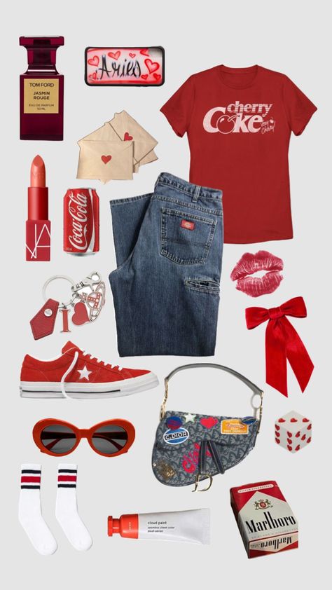 #red #outfit #cocacola #tomford #dior #dickies #converse #nars Style Red Converse, Skyler Aesthetic, Coca Cola Outfit, Y2k Core, Red Converse, Cloud Painting, Teenager Outfits, Themed Outfits, Red Outfit