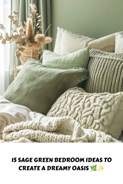 Transform your bedroom into a serene retreat with these 15 stunning sage green ideas! From cozy accents to bold statement walls, discover inspiration to craft the perfect oasis. Pin now for your next makeover! White Bedding With Sage Green Accents, Beige And Green Bedding Ideas, Cream Bedding With Green Accents, Green Pillows Bedroom, Sage Bedspread, Soft Green Bedroom, Bed Pillow Styling, Rainforest Room, Sage Green Bedroom Ideas