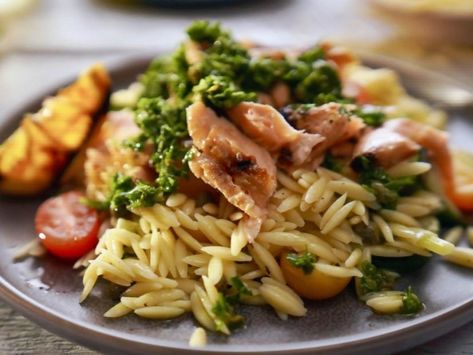 Girl Meets Farm Salmon Orzo Salad, Girl Meets Farm Recipes, Girl Meets Farm, Lemon Orzo Salad, Dinner Fish, Lunch Foods, Salmon With Lemon, Orzo Recipe, Bbq Fish