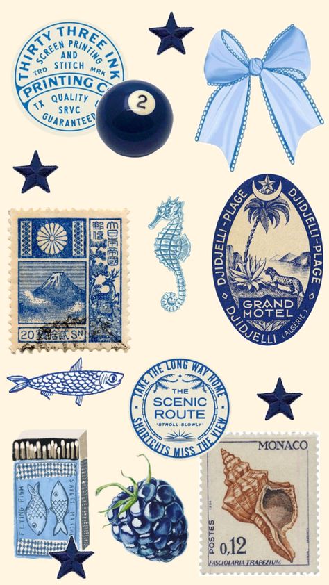 Blue Collage, Desain Buklet, Scrapbook Printing, Scrapbook Stickers Printable, Phone Wallpaper Patterns, Iphone Background Wallpaper, Art Collage Wall, Summer Wallpaper, Picture Collage