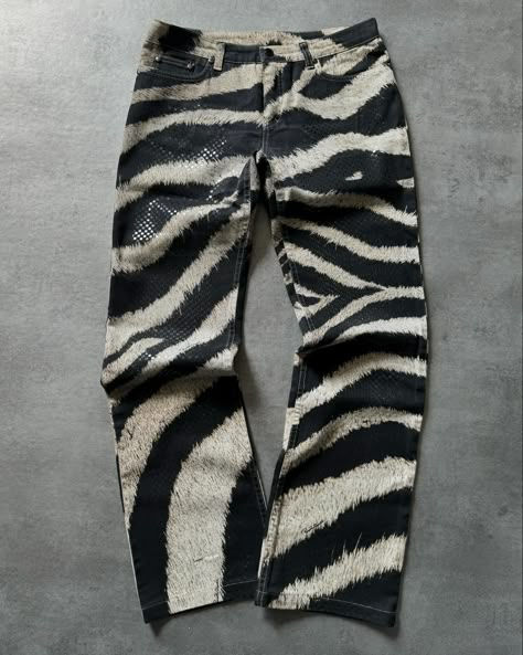 SS2000 Roberto Cavalli Zebra Relaxed Pants 🥋 Available now on www.dolcevitahub.com | Link in bio Crazy Pants, Relaxed Pants, Relax Pants, 2000s Fashion Outfits, Men Fashion Casual Outfits, Clothes Crafts, Fashion Fits, Designer Jeans, 2000s Fashion