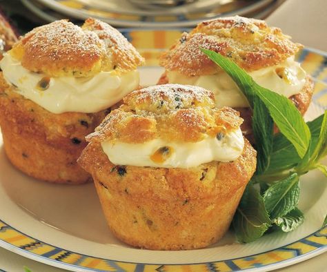 Passionfruit, pineapple and mint muffins Carrot Pineapple Muffins, Pineapple Muffins, Passionfruit Recipes, Fruit Muffins, Sweet Muffin, Muffin Tin Recipes, Homemade Muffins, Homemade Cake Recipes, Tea Cakes