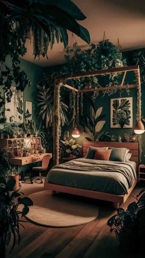 Green Boho Bedroom Ideas, Green Boho Bedroom, Organic Modern Bedroom, Bedroom Interior Design Modern, Tropical Style Interior, Vibe Bedroom, Nature Room, Dark Wood Furniture, Tropical Bedrooms