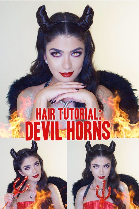 In this tutorial I show you step by step and the materials you need for this hairstyle <3 Haircut Memes, Hair Horns, Hair Horn, Demon Horns, Perfect Halloween Party, How To Grow Your Hair Faster, Halloween Tutorial, Bad Haircut, Hair Up Or Down