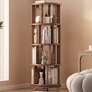 KASLANDI Solid Wood Rotating Bookshelf with Brake Wheels, 360°Display 4 Tier Floor Stackable Spinning Bookshelf Tower for Kids&Adults, Revolving Bookcase for Small Space,Corner(Walnut) Swivel Bookcase, Ceiling Bookshelf, Spinning Bookshelf, Red Bookshelf, Bookshelves For Small Spaces, Farmhouse Bookshelf, Rotating Bookshelf, Unique Bookcase, Unique Bookshelves