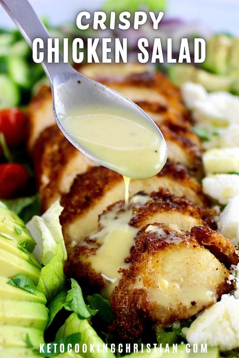 This scrumptious Crispy Chicken Salad combines tender and juicy chicken, crunchy veggies, and a burst of refreshing flavors from the homemade dressing. Easy to make, this recipe is a salad experience that's completely irresistible. #chickensalad #ketofriedchickensalad #cripsychickensalad Breaded Chicken Salad Recipes, Chicken Tender Salad Recipes, Chicken Salaf, Crispy Chicken Salad Recipe, Fried Chicken Salad, Chicken Tender Salad, Crispy Chicken Salad, Chicken Crispers, Fried Chicken Salads