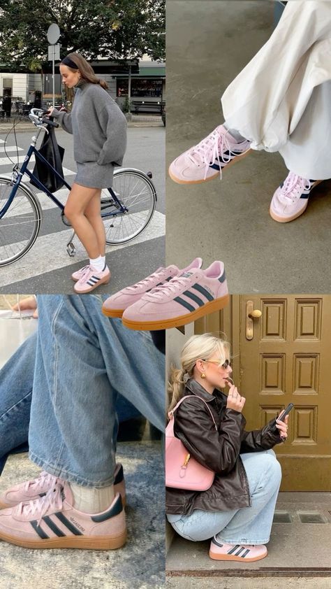 Styling Spezial Adidas, Pink And Blue Gazelle Outfit, Spezial Outfits Girl, Pink Shoe Outfits For Women, Pink And Navy Spezials Outfit, Spezial Shoes Outfit, Shoes For Spring 2025, Pink Sambas Outfit Woman, How To Style Colorful Sneakers