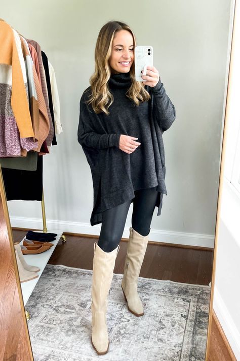 Cozy Fall Finds from Pink Lily - Pumps & Push Ups Boot Leggings Outfit, Leather Leggings Outfit Fall, Outfit With Flare Jeans, Cozy Sweater Outfits, Outfits With Flares, Tall Boots Outfit, Cozy Sweaters Outfits, Trendy Mom Outfits, Leggings Outfit Fall