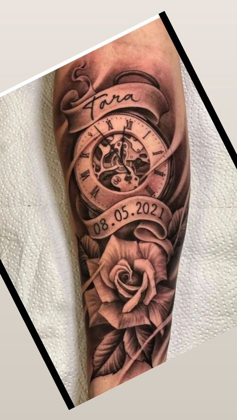 Tattoo Watch Clock, Clock Arm Tattoo, Roman Numeral Clock Tattoo, Date Tattoo Ideas For Men, Rose And Clock Tattoo, Leon Tattoo, Tattoo Clock, Clock And Rose Tattoo, Ankle Tattoo Ideas