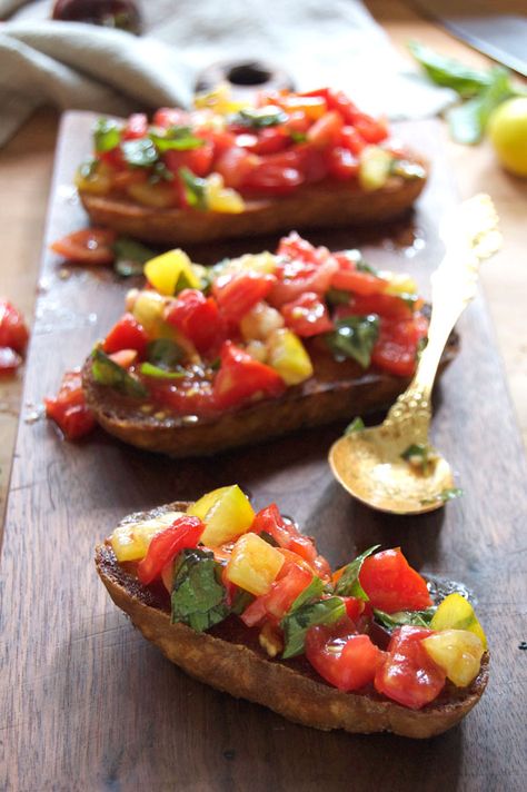 A bruschetta recipe that has so far brought 3 people to actual tear of joy. Yes. That is how good it is. Best Bruschetta Recipe, Julie Julia, Best Bruschetta, Julie And Julia, Cooking Movies, Julia Childs, Tomatoes On Toast, Julia Child Recipes, Celebrity Recipes