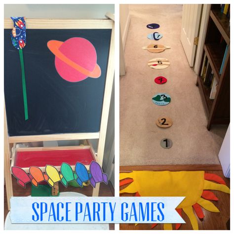 Space party games | pin the rocket on the planet and meteor planet toss Pin The Astronaut On The Moon, Space Birthday Games, Space Party Games, Space Birthday Party Games, Rocket Ship Party, Space Week, Space Themes, Rocket Party, Summer Preschool Activities