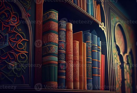 Generative AI illustration of islamic library books, wallpaper, bright, attractive, love for books Islamic Library Background, Islamic Library, Books On Islam, Islamic Wallpaper Hd, Library Posters, Muslim Pictures, Video Library, Book Wallpaper, Arabic Books