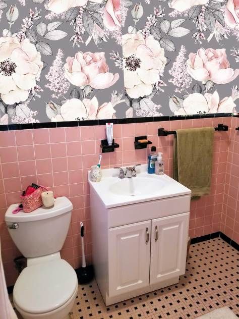 How To Style A Pink Tile Bathroom, Wallpaper For Pink Bathroom, Pink And Cream Bathroom Ideas, 1950s Pink And Black Bathroom, Modern Pink Tile Bathroom, Retro Pink Bathroom Update, Bathrooms With Pink Tile, Pink Tile Bathroom Ideas Color Schemes, Pink Bathroom Tile Ideas