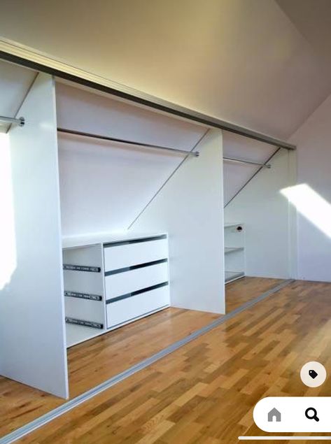 Bedroom Under Roof Sloped Ceiling, Sloping Ceiling Wardrobe, Ikea Pax Hack Sloped Ceiling, Angled Closet Ideas Sloped Ceiling, Attic Closet Ideas Angled Ceilings, Eave Storage, Slanted Ceiling Closet, Attic Closet Ideas, Angled Bedroom