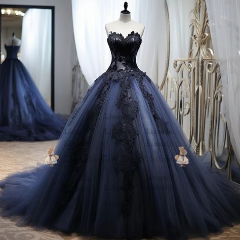 Black And Dark Blue Wedding Dresses, Dark Blue Wedding Dress Brides, Blue And Black Wedding Dress, Wedding Dresses Navy Blue, Black And Blue Wedding Dress, Dusty Blue And Black Wedding, Navy Blue Wedding Dresses, Blue And Black Wedding Theme, Black And Blue Wedding Theme