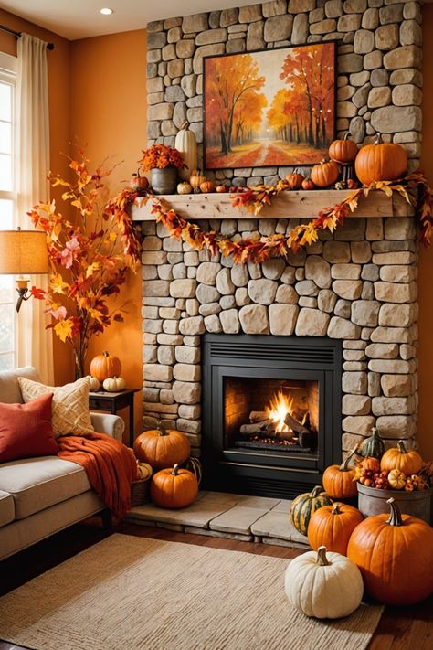 20 Fall Decor Ideas – ToolzView Halloween Party Living Room, Living Room Halloween, Halloween Living Room Decor, Wood Mantle Fireplace, Fall Fireplace Decor, Party Living Room, Halloween Living Room, Fall Fireplace, Rustic Halloween