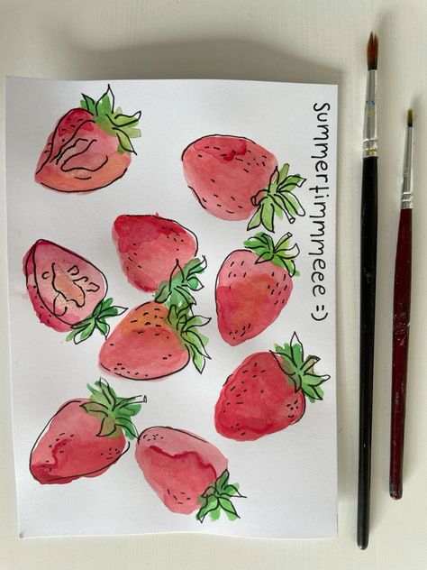 Strawberry Painting Easy, Watercolor Easy Painting, Watercolour Strawberries, Strawberries Painting, Strawberries Watercolor, Skulls Animal, Watercolor Strawberries, Glass Cloches, Watercolor Strawberry