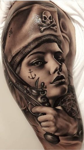 Realistic pirate girl tattoo sleeve on the arm done by @toptatuagens | www.otziapp.com Pirate Tattoo Sleeve, Pirate Girl Tattoos, Tattoo Pirate, Nautical Tattoo Sleeve, Sailor Tattoo, Pirate Tattoo, Samurai Tattoo Design, Octopus Tattoos, Girl Arm Tattoos