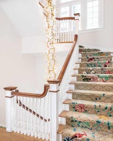 Wendy Morrison Design on Instagram: "Discover the joy of a custom rug, the perfect choice to redefine any space. Our custom Floral Waves stair runner, featured in the House at 1229 in Washington DC, exemplifies the art of tailoring rugs for unique spaces. At Wendy Morrison Designs, we craft rugs for any space, such as this grand staircase, ensuring every detail is impeccable.  Explore how our custom service brings elegance and functionality to exclusive spaces like The House at 1229, where they believe that every gathering is an opportunity to elevate. 🏛️ Through our custom service, each rug is meticulously designed to fit your unique space, whether you need a larger size, in a different shape, or with specific colour and design elements. It’s the solution for tricky spaces or when a stan Vintage Carpet Runner On Stairs, Victorian Staircase Runner, Floral Stair Runner, Carpet Runner On Stairs Victorian, Stair Runner Victorian Tiles, Victorian Spiral Staircase, Staircase Runner, Stair Runner, Grand Staircase