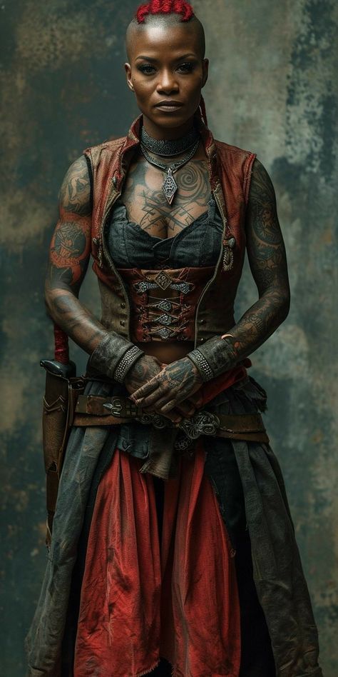 Black Pirates, Barbarian Costume, African Portraits Art, Woman With Tattoos, Warhammer Fantasy Roleplay, Sf Art, Digital Art Photography, Pirate Woman, Black Goth