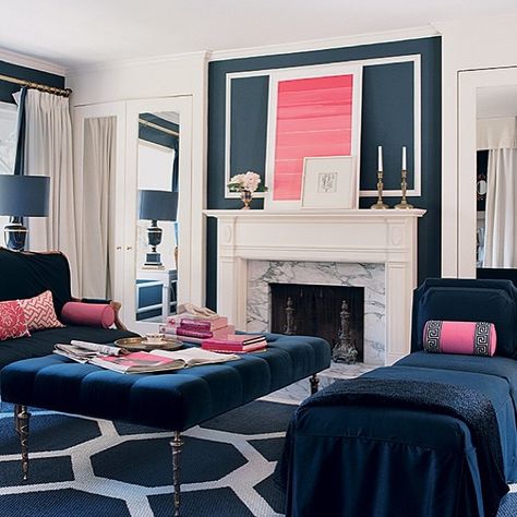 I absolutely love accenting navy with hot pink.    #SplashOfColor #52WeeksofMary #interiordesign #design #create #inspire #color #pink Blue And Pink Living Room, Pink Bedroom Modern, Blue And Pink Bedroom, Feminine Living Room, Pink Chairs, Pink Living Room Decor, Blue Living Room Decor, Be Design, Pink Living Room