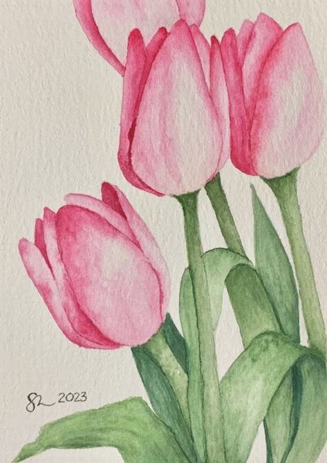 Tulip Watercolour Painting, Beginning Watercolor Painting, Things To Draw With Watercolor, Tulips Drawing Aesthetic, Watercolor Paintings Aesthetic, Water Colours Painting For Beginners, Aesthetic Watercolour Painting, Flower Drawing Watercolor, Watercolour Tulips