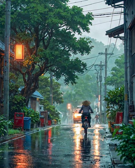 After the rain ☂️ #rain #city #lofi #quiet #asmr #relaxing #mornings #nature #natural #vibe #city #cyclinglife Autumn Rain Aesthetic, Anime Rain, Rainy Day Art, Lofi Wallpaper, Lofi Aesthetic, Autumn Rain, Rain Rain, Acnh Inspo, After The Rain