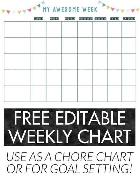 FREE editable weekly chart - great to use as a chore chart for kids or goal setting! You can type in the PDF yourself and print! Editable Chore Chart, Weekly Chore Charts, Printable Reward Charts, Goal Charts, Chore Chart Template, Weekly Chores, Reward Chart Kids, Printable Chore Chart, Sticker Chart