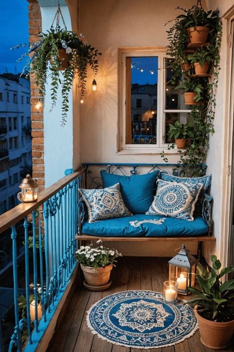 a cozy balcony that feels like a private haven for relaxation. The space is adorned with a mix of soft textures and warm colors, transforming it into a charming retreat The floor is covered in a woven outdoor rug in soothing blue tones, providing a comfortable base Balcon Mic, Balcony Decor Ideas, Small Apartment Balcony Ideas, Cozy Balcony, Deck Railing Design, House Balcony Design, Warm Home Decor, Cosy Spaces, Cozy Outdoor