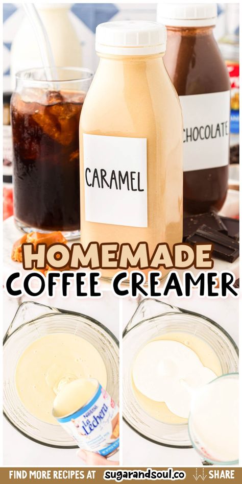 Storebought coffee creamer doesn't compare to the simplicity and deliciousness of this 4-ingredient recipe for Coffee Creamer you can make at home in just 5 minutes. Tons of flavor options to choose from! Home Made Creamer For Coffee, Caramel Coffee Creamer Recipe, Homemade Creamer, Condensed Milk Coffee, Sugar Free Coffee Creamer, Homemade Coffee Creamer Recipe, Healthy Coffee Creamer, Diy Coffee Creamer, The Best Iced Coffee