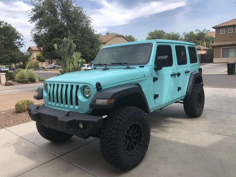 Vinyl wrapped turquoise Jeep Vinyl Wrap Jeep Wrangler, Jeep Wraps Ideas, Teal Jeep Wrangler, Wrapped Jeep, Jeep Wraps, Turquoise Jeep, Teal Jeep, Turquoise Car, Jeep Names