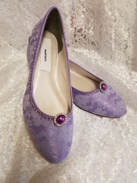 "So elegant Lace over Satin Shoes for the Bride who demands Fine Elegance & Comfort! These are only 1/2\" heels almost flat! Please buy purple color swatches if, you are matching color to something; computers settings may show different tone of purple; Please use link below: To see actual color, you may buy a color swatch: www.etsy.com/listing/129787069/buy-color-swatch-samples-or-buy-lace Please plan ahead of time as I'm getting many requests for finely finished shoes. The outer sole is lea Purple Flats Shoes, Light Purple Heels, Light Purple Shoes, Shoes For The Bride, Lilac Shoes, Purple Wedding Shoes, Ivory Bride, Purple Flats, Purple Heels