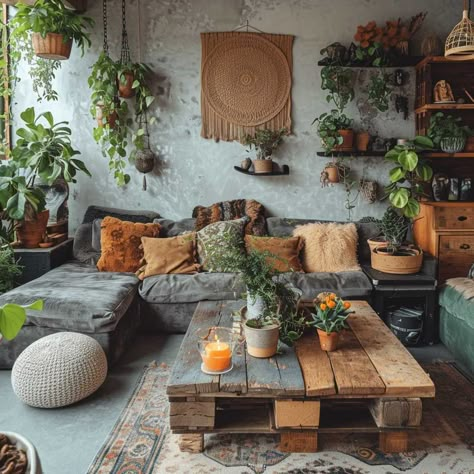 Botanical Industrial Interior, Dining Room Design Boho Chic, Industrial Living Room Storage, Boho Industrial Apartment, Industrial Nature Decor, Grey Sofa Living Room Ideas Boho, Boho Modern Living Room Inspiration, Industrial Boho Decor Living Rooms, Industrial Bohemian Living Room