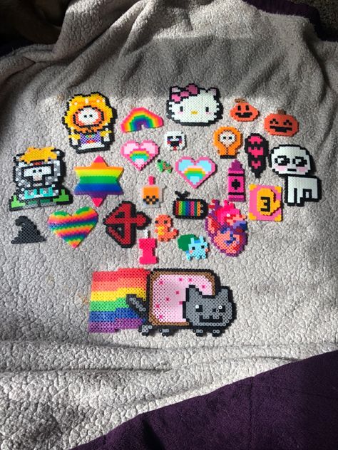 Kidcore Perler Bead Patterns, Scene Perler Bead Patterns, Melanie Martinez Perler Beads, Scene Perler Beads, Melty Bead Designs, Kandi Inspo, Diy Kandi Bracelets, Melty Bead Patterns, Kandi Ideas