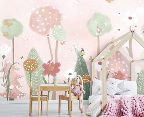 Forest With Fairies, Wall Dimension, Fairies Flying, Kindergarten Wallpaper, Normal Wallpaper, Silk Wallpaper, Wall Art Lighting, Kids Room Wallpaper, Vertical Lines