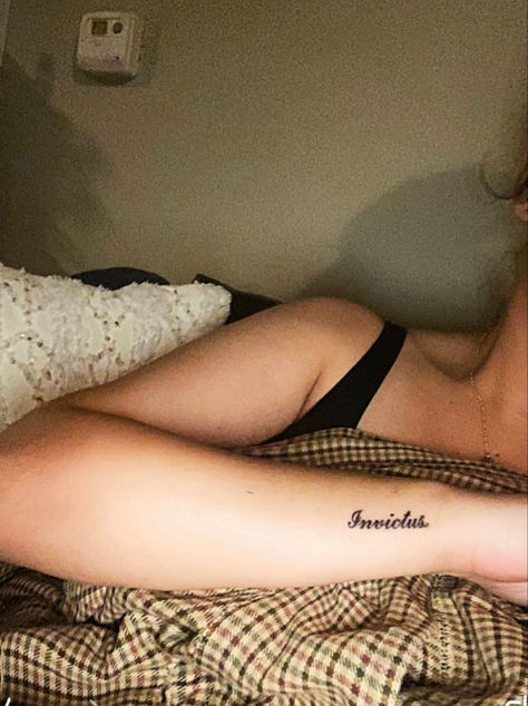 Invictus Tattoo Women, Invictus Maneo Tattoo, Invictus Tattoo Ideas, Invictus Tattoo, Tattoo Cursive, Small Name Tattoo, Small Wrist Tattoo, Black And Gray Tattoo, Cursive Tattoo