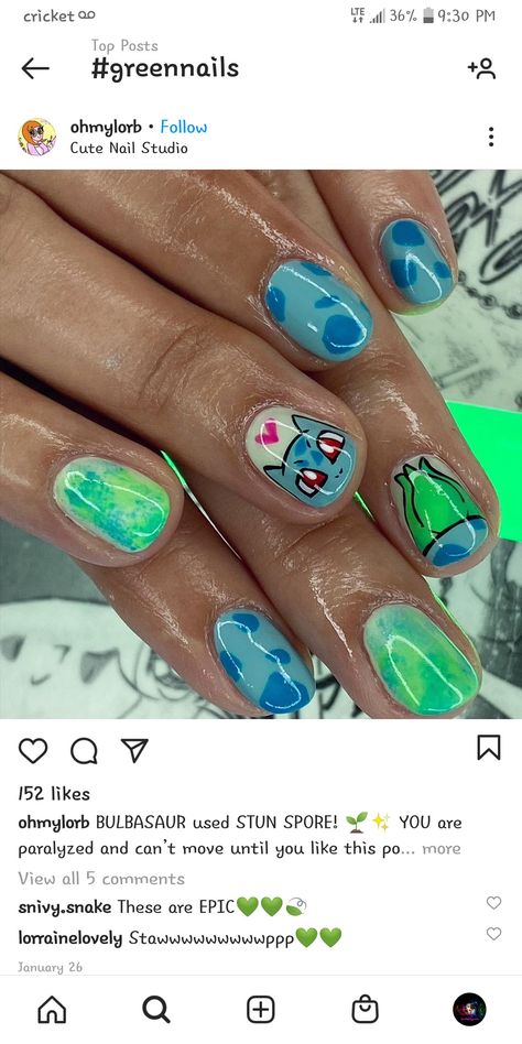 Pokemon Nail Art Designs, Bulbasaur Makeup, Gengar Nails, Snorlax Nail Art, Grogu Nails, Pokemon Nails Designs, Goofy Nails, Short Pokemon Nails, Bulbasaur Nails