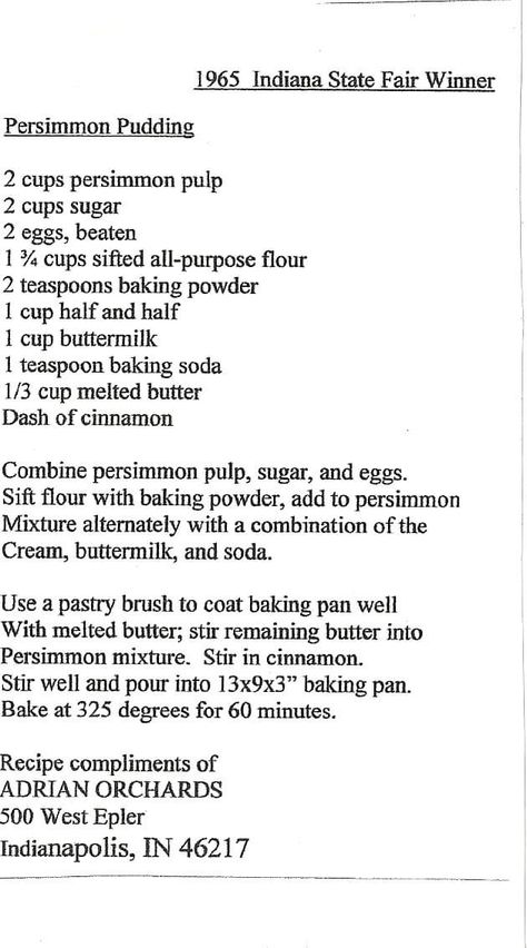 Persimmon Pudding Indiana, Persimmon Cookies, Persimmon Pudding, Indiana State Fair, Pudding Pies, Pudding Recipe, Relief Society, Pudding Recipes, Fall Desserts