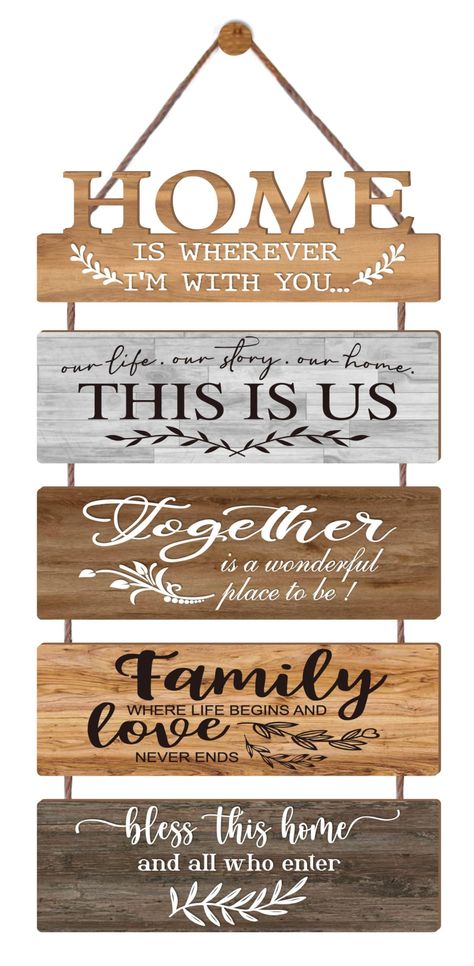 PRICES MAY VARY. 【WARMING HOME QUOTES ON】: Home is Wherever I'm With You - Our Life Our Story Our Home THIS IS US - Together is a Wonderful Place To Be - To express the deep love and bless for every family members and visitors ,as well an elegant beautiful wall decoration. 【QUALITY MATERIAL & LARGE ENOUGH】: Such Country Rustic Plaque measures about 12.6 inches in width and 26 inch in height when hanging up. Each panel about 12.6x4.2 Inches.Qulity & clear material,Strong and durable use. 【EASY FO Wooden Items Home Decor, Home Affirmations, Wood Sign Ideas, Family Bible Verses, Affirmations Wall, Family Farmhouse, Words On Wood, House Decor Rustic, Kids Wooden Toys