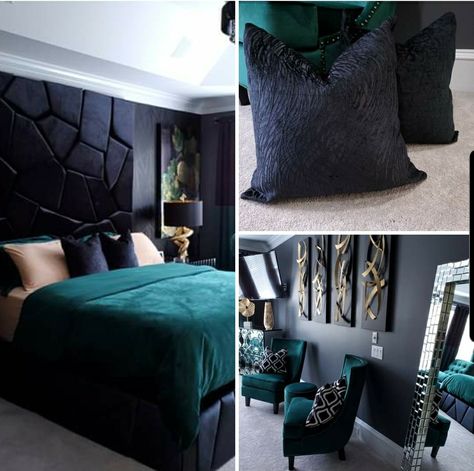 Black And Emerald Bed, Black Grey And Emerald Bedroom, Black N Gold Bedroom Ideas, Black Gold And Green Bedroom Ideas, Black Green Gold Bedroom Decor, Black Blue Bedroom Ideas, Emerald Green Black Bedroom, Emareld Green Bedroom Ideas, Green And Black Master Bed