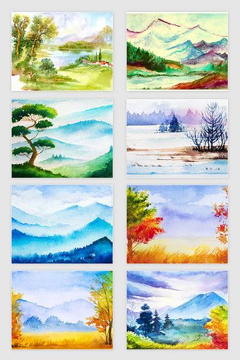 Vector hand drawn watercolor landscape illustration#pikbest Teal Painting Ideas, Teal Painting Ideas Canvas, Tape Art Ideas, Painting Ideas Abstract Art, Canvas Painting Ideas Abstract, Two Canvas Painting Ideas, Teal Painting, Png Images Free, Diy Tape