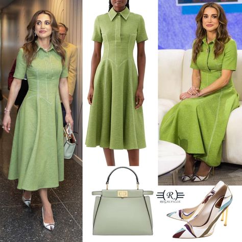 Queen Rania of Jordan wore an Emilia Wickstead dress with Dior pumps and a Fendi bag for an NBC Today interview. More details on Regalfille Queen Rania Outfits, Queen Rania Style, Gala Gown, Elegant Outfit Classy, Luxury Girl, Queen Rania, Family Fashion, Royal Outfits, Princess Style